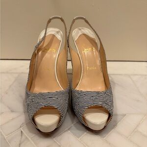 Christian Louboutin Striped Peep-Toe Slingback Heels